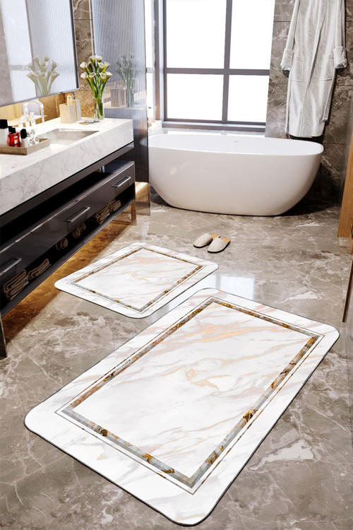 Çerçeveli Mermer Desenli 2'Li Büyük Boy Banyo Paspas Seti