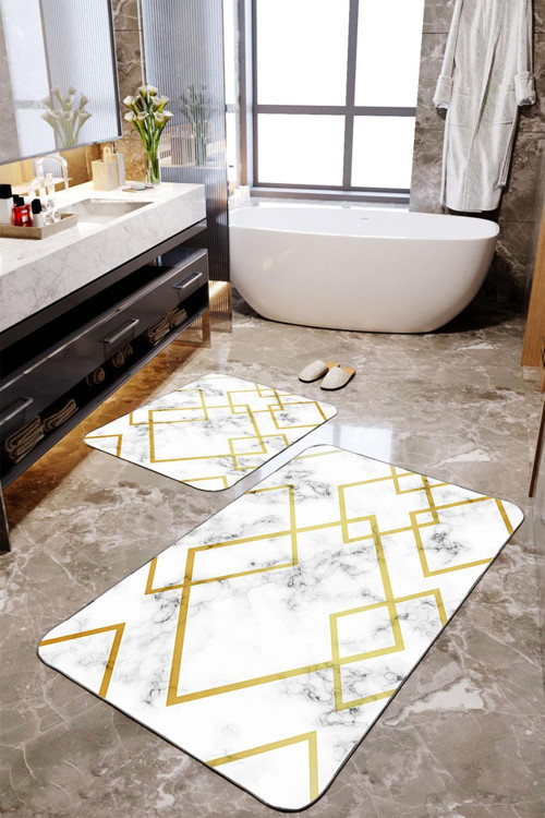 Geometrik Mermer Desenli 2'Li Büyük Boy Banyo Paspas Seti
