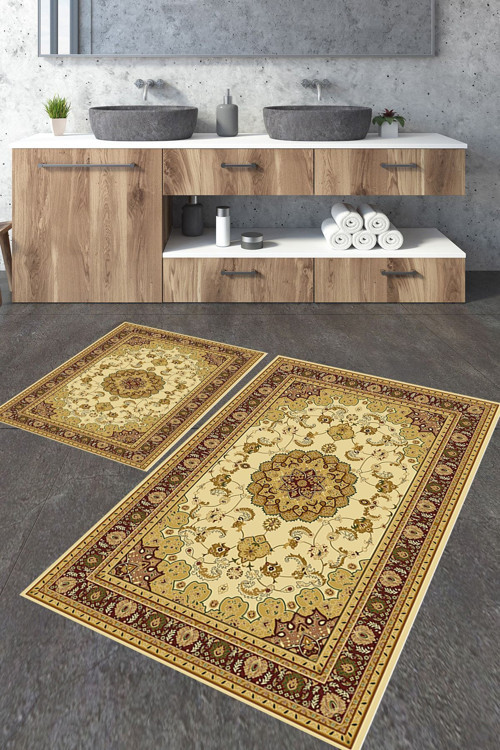 Sarı Klasik Göbekli Desen 2'Li Büyük Boy Banyo Paspas Seti