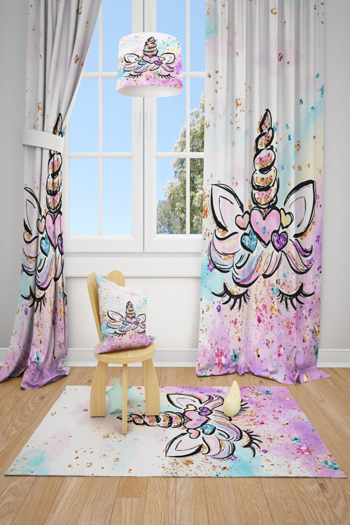 Unicorn Desenli Çocuk Odası Fon Perdesi