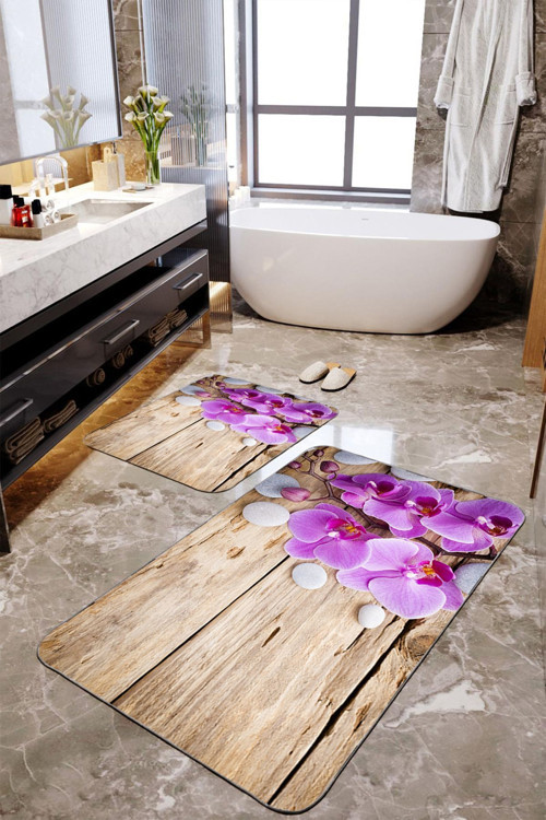 Orkide Desenli Yıkanabilir 2'Li Büyük Boy Banyo Paspas Seti