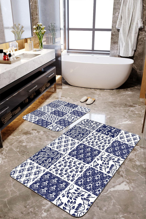 Mavi Patchwork Desenli 2'Li Büyük Boy Banyo Paspas Seti