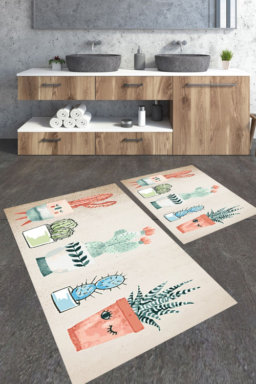 Modern Kaktüs Desenli 2'Li Büyük Boy Banyo Paspas Seti