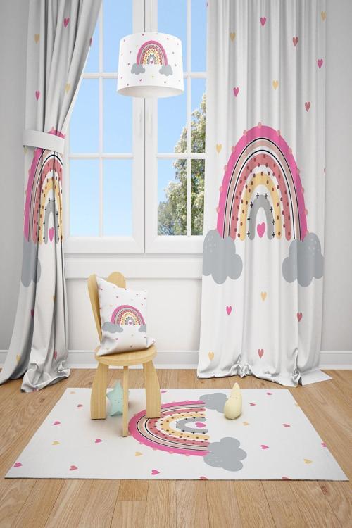 Renkli Desen Çocuk Odası Bebek Odası Fon Perde 2 Kanat Tla-025