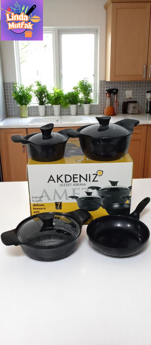 7 Parça Bakalit Kulplu Cam Kapaklı Döküm Tencere seti