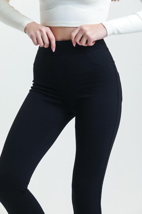 Yüksek Bel Toparlayıcı Skinny Siyah Kadın Cep Dikişli Çelik Örme Tayt Pantolon @Granada