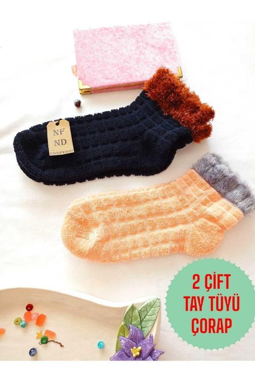 2 Çift Tay Tüyü Ters Havlu Patik Çorabı Kabartmalı Kokulu Yılbaşı Hediye Laciver Turuncu Çorap 36-40