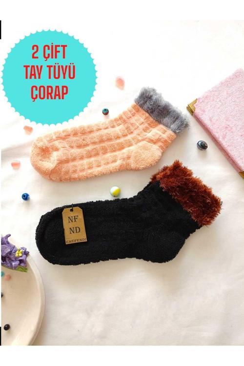 2 Çift Tay Tüyü Ters Havlu Patik Çorabı Kabartmalı Kokulu Yılbaşı Hediye Siyah Turuncu Çorap 36-40