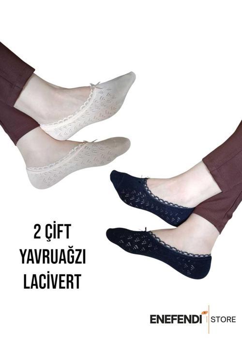 Babet Çorap 2 Çift Kadın Merserize Dantelli File Pamuklu Görünmez Çorabı Lacivert Yavruağzı
