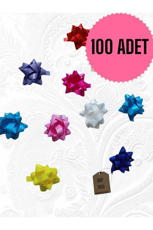 100 Adet 6Cm Fiyonk Hediye Paketi Süsü Parlak Renkte Karışık Yıldız Süs Rafya Yapışkanlı