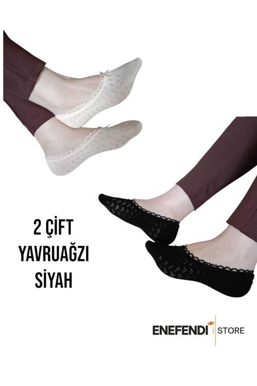 Babet Çorap 2 Çift Kadın Merserize Dantelli File Pamuklu Görünmez Çorabı Yavruağzı Siyah
