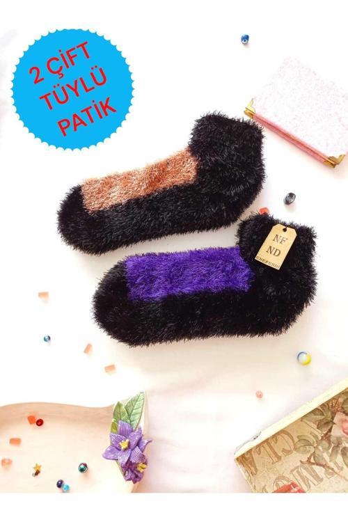 2 Çift Tüylü Kışlık Termal Çorap Dikişsiz Peluş Patik Mor Vizon Erkek Kadın Ev-Parti Çorabı 36-41