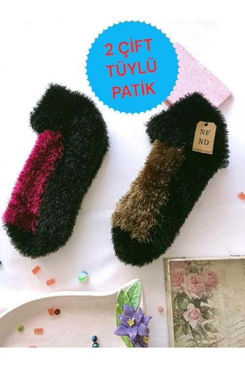 2 Çift Tüylü Kışlık Termal Patik  Dikişsiz Peluş Çorap Fuşya Yeşil Erkek Kadın Ev-Parti Çorabı 36-41