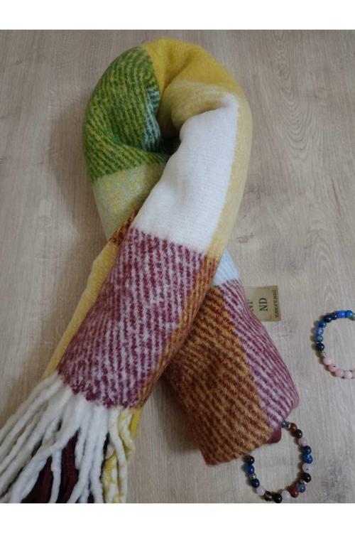 Omuz Şalı - Atkı  Renkli Kareli Bordoyeşilsarı Yumuşak, Çift Taraflı Pofidik  Kışlık ,Sıcak 45 X 185