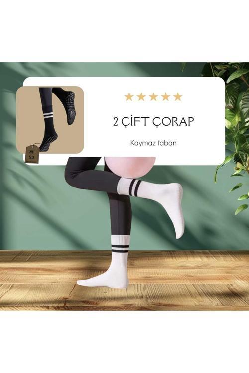 2 Çift Yoga Pilates Çorabı Kadın Kaymaz Silikon Taban Pamuklu Soket Tenis Çorap Havlulu Siyah Beyaz.