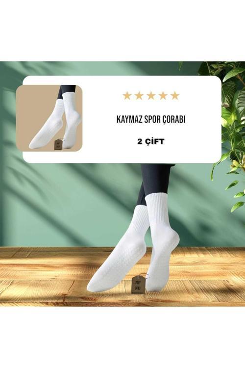 2 Çift Yoga Pilates Çorabı Kadın Silikon Kaymaz Taban Pamuklu Soket Tenis Çorap Altı Havlulu Beyaz