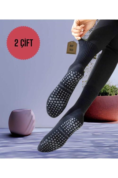 2 Çift Yoga Pilates Çorabı Kadın Silikon Kaymaz Taban Pamuklu Soket Tenis Çorap Altı Havlulu Siyah