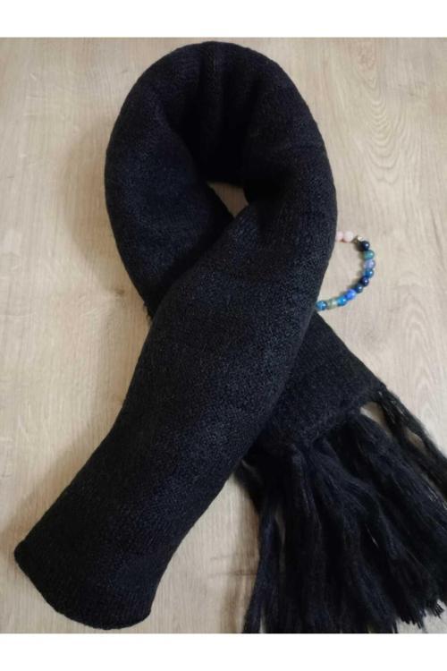 Omuzşalı - Atkı  Örgü Yumuşak, Çift Taraflı Pofidik Siyah Kışlık Makina Örgüsü , 45 X 180