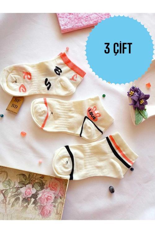 3 Çift Burun Dikişsiz Patik Çorap Yumuşak Pamuklu Kısa Konç Desenli Kadın Çorabı 36-40