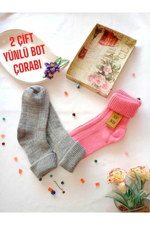 2 Çift Çorap Yün Soket Hediye Erkek Kadın Bot Çorabı, Kalın Kışlık Kokulu Yılbaşı Gri Pembe 36-40