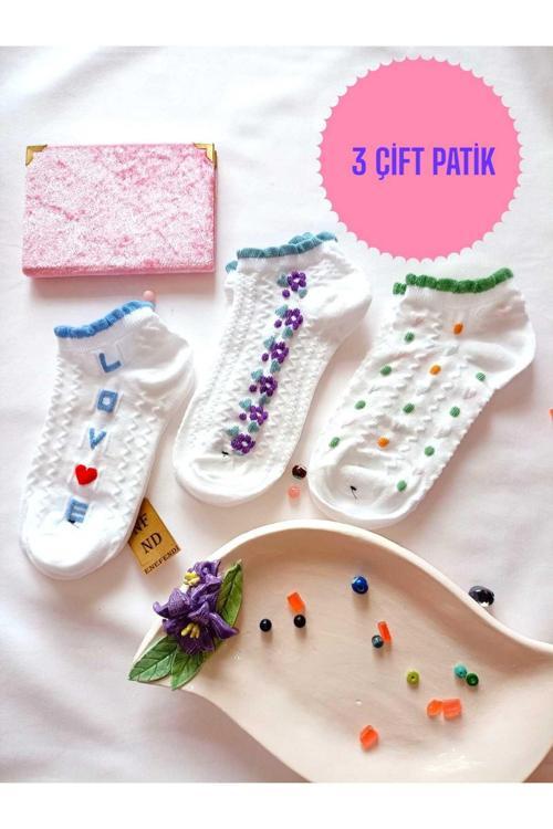 3 Çift Dikişsiz Burun Patik Çorap Yumuşak Pamuklu Kısa Konç Desenli Kadın 36-40