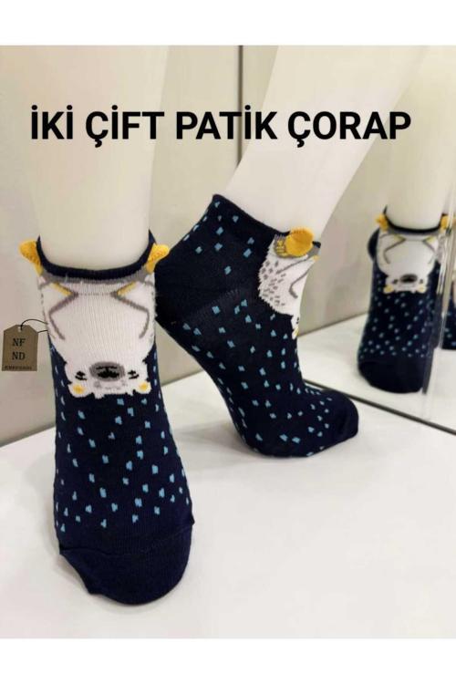 Patik Çorap Desenli Kulaklı Pamuklu Lacivert Çorabı 36-40  2 Çift