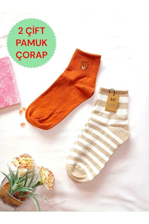 2 Çift Dikişsiz Pamuk Çorabı Soket Yumuşak Kadın Kiremit Krem Çorap Hediye 36-40