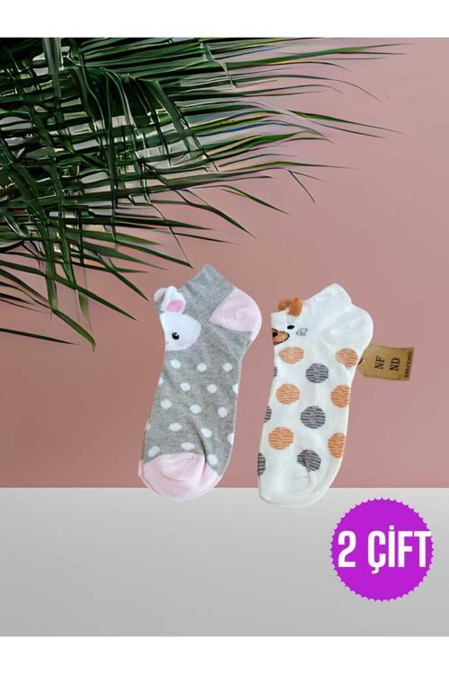 Patik Çorap Kulaklı Pamuklu Desenli Kadın Çorabı 36-40 Puantiyeli Ve Gripembe 2 Çift