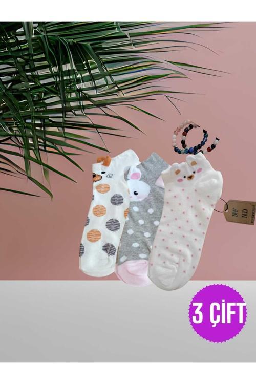 Patik Çorap Kulaklı Pamuklu Desenli Kadın Çorabı 36-40 Puantiyeli, Gripembe Ve Krem 3 Çift