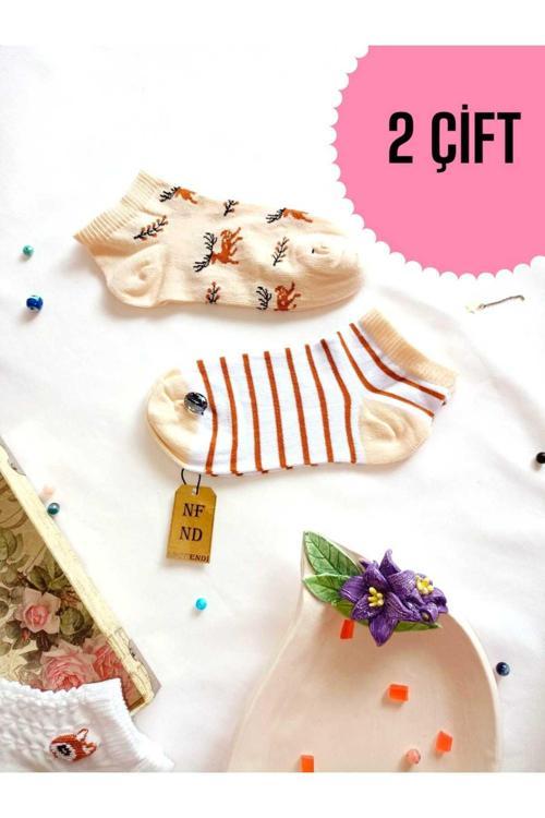 2 Çift Dikişsiz Patik Çorap Pamuklu Kısa Konç Desenli Kadın Çorabı 36-40 Kahve Çizgili