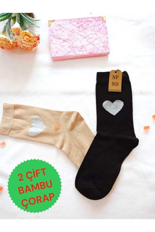 2 Çift Dikişsiz Soket Bambu Simli Kalpli Çorabı Yumuşak Kadın Kahverengi Siyah Çorap 36-40