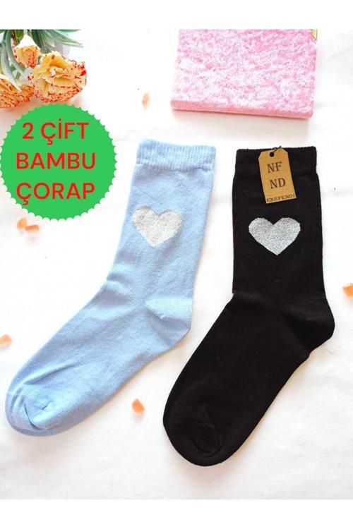 2 Çift Dikişsiz Soket Bambu Simli Kalpli Çorabı Yumuşak Kadın Mavi Siyah Çorap 36-40