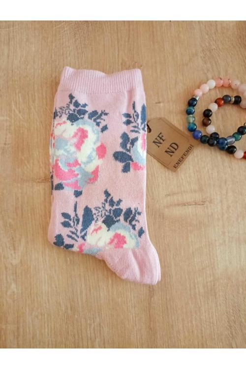 Pembe Çiçekli Soket Çorabı Pamuklu Yılbaşı Yumuşak Kadın Pembe Çorap 36-40