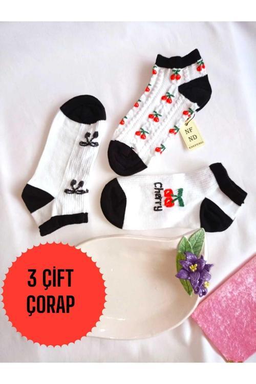 3 Çift Pamuklu Patik Çorap Burun Dikişsiz Soft Kısa Konç Desen Kadın Çorabı 36-40 Beyaz Siyah