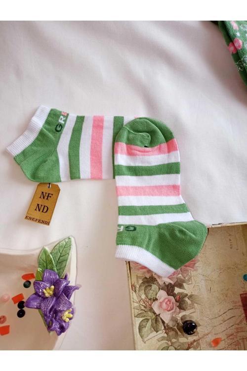 Dikişsiz Patik Çorap Yumuşak Pamuklu Kısa Konç Desenli Kadın Çorabı 36-40 Tek Adet Yeşil Beyaz