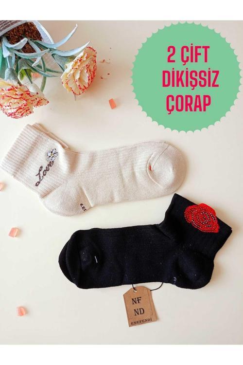 2 Çift Gül Love Taşlı Pamuklu Burun Dikişsiz Kokulu Kısa Konç Çorap Krem Siyah Kadın Çorabı 36-40