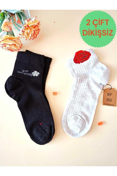 2 Çift Gül Taşlı Pamuklu Burun Dikişsiz Kokulu Likralı Kısa Konç Çorap Gri Siyah Kadın Çorabı 36-40