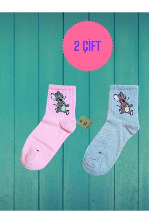 2 Çift Jerry Desenli Pamuklu Dikişsiz Çorap Arakonç Kadın Pembe Gri Burun Dikişsiz Çorap 36-40