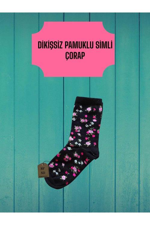 Simli Pamuklu Dikişsiz Yılbaşı Çiçekli  Soket Çorabı Yumuşak Siyah Kadın Çorap 36-40