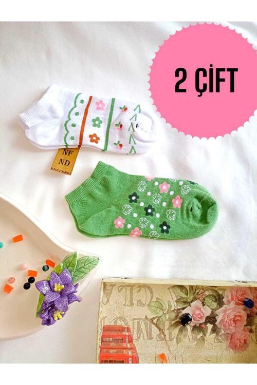 2 Çift Kadın Çorabı Patik Pamuklu Kısa Konç Burun Dikişsiz Çorap 36-40 Yeşil Pembe Çiçek