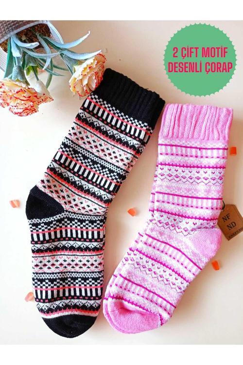 2 Çift Kalın Kışlık Yumuşak Çorap Yılbaşı Motif Etnik Desenli Kadın Çorabı Pembe Kırmızısiyah 36-40