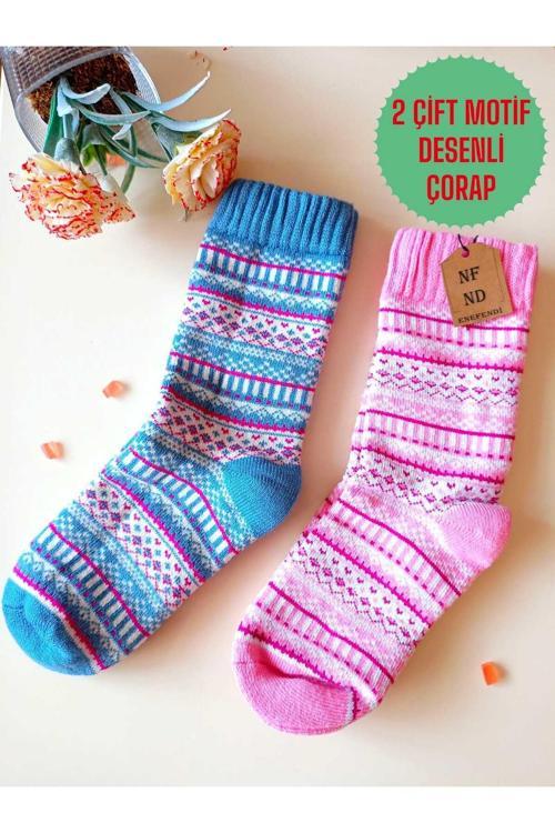 2 Çift Kalın Kışlık Yumuşak Çorap Yılbaşı Motif Etnik Desenli Kadın Çorabı Pembe Mavi 36-40