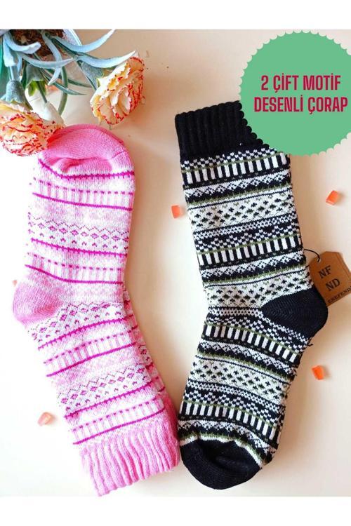 2 Çift Kalın Kışlık Yumuşak Çorap Yılbaşı Motif Etnik Desenli Kadın Çorabı Siyahyeşil Pembe 36-40