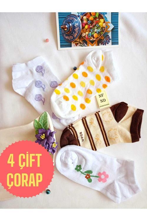 4 Çift Çorabı Yumuşak Kadın Pamuklu Kısa Konç Desenli Burun Dikişsiz Patik Çorap 36-40