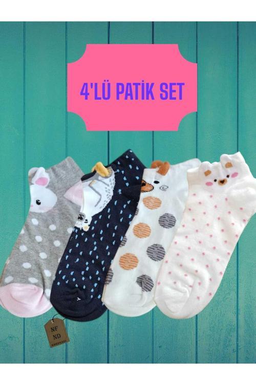 4 Çift Patik Çorap Kulaklı Pamuklu Desenli Kadın Çorabı 36-40 Puantiyeli, Gripembe Ve Krem Lacivert