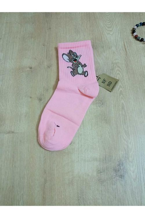 Jerry Hayvan Desenli Pamuklu Çorap Arakonç Kadın Pembe Soket Dikişsiz Çorap 36-40