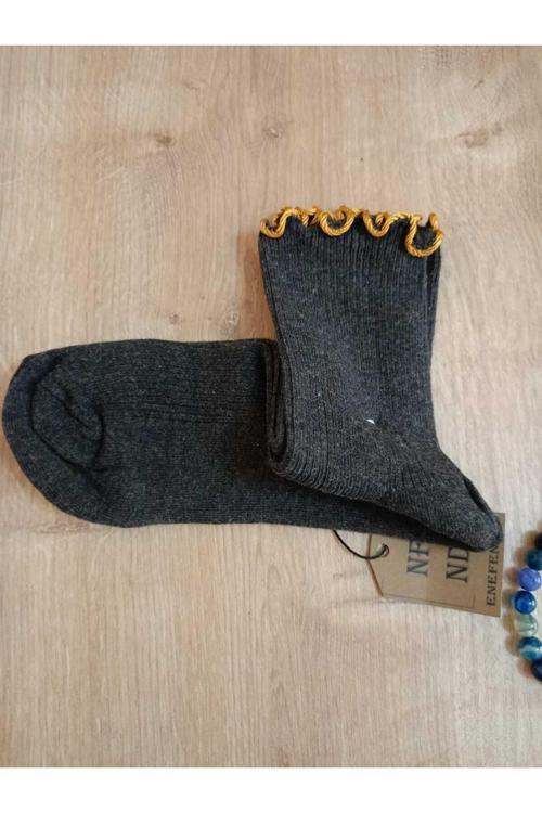 Kadın Jakarlı Soket  Çorabı Altın Sarısı Fırfırlı Likralı Pamuklu Füme Çorap 36-40