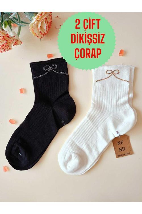 2 Çift Pamuklu Burun Dikişsiz Kokulu Lastiksiz Likralı Kısa Konç Çorap Krem Siyah Kadın Çorabı 36-40