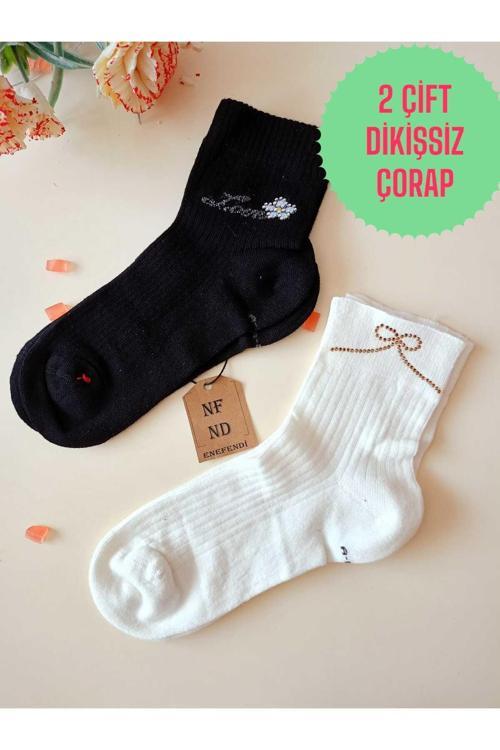 2 Çift Pamuklu Burun Dikişsiz Kokulu Likralı Kısa Konç Çorap Siyah Krem Kadın Çorabı 36-40