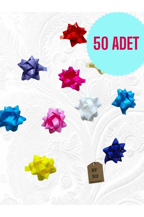 50 Adet 6Cm Fiyonk Hediye Paketi Süsü Parlak Renkte Karışık Yıldız Süs Rafya Yapışkanlı
